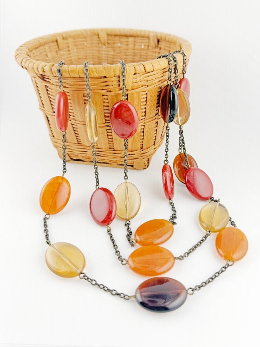 Vintage Boho Triple Strand Amber & Mahogany Resin Bead Necklace – Brass Tone